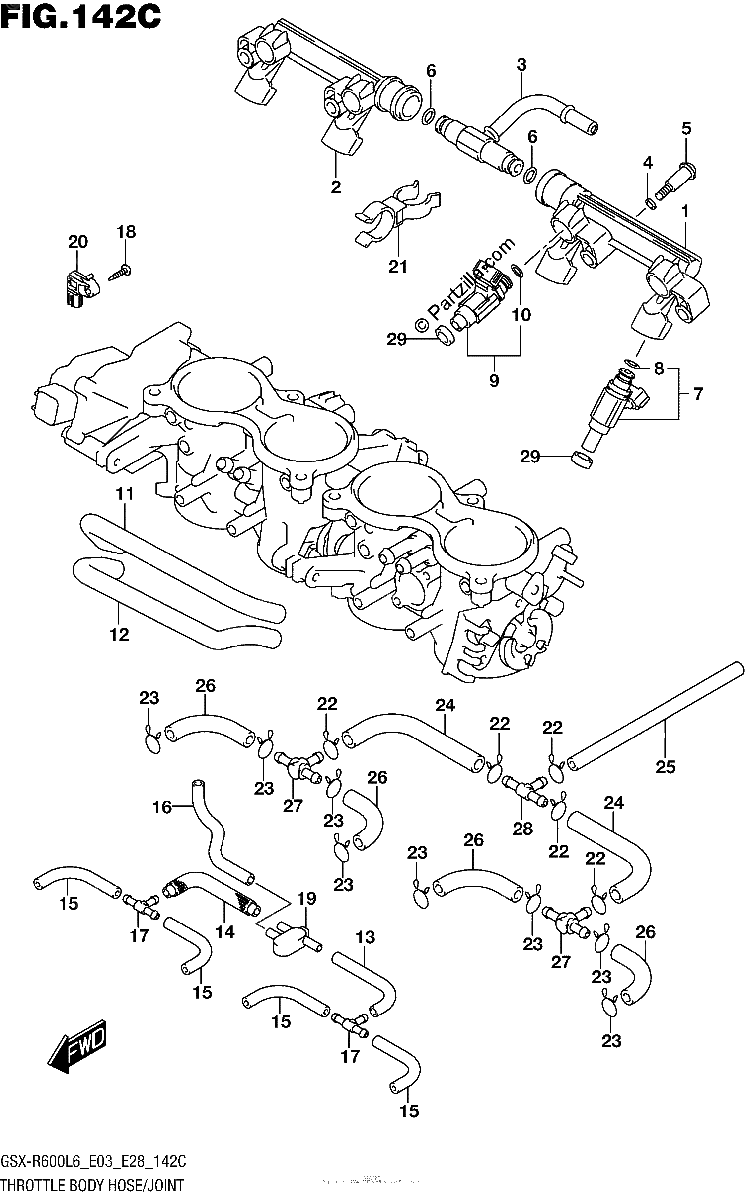 Diagrama de THROTTLE BODY HOSE JOINT GSX R600L6 E33