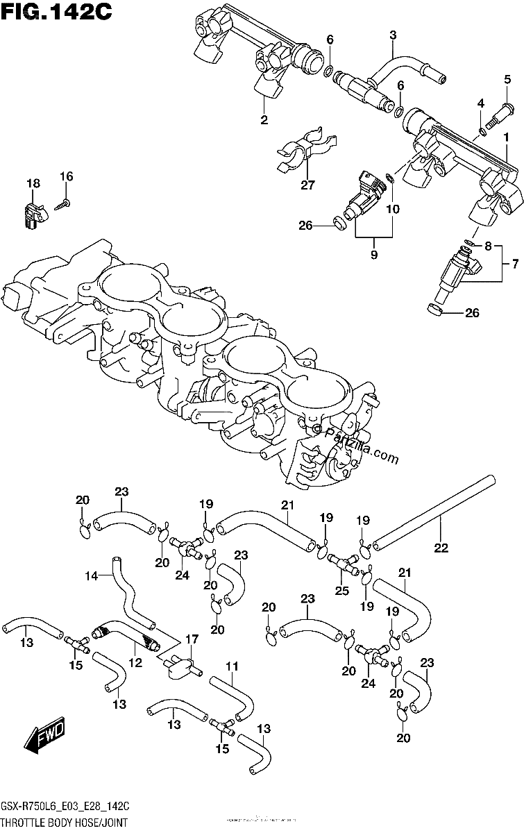 Diagrama de THROTTLE BODY HOSE JOINT GSX R750L6 E33