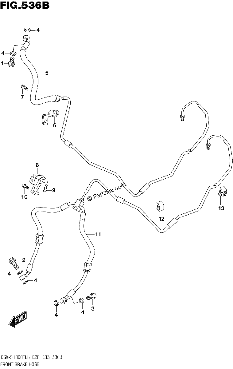 Diagrama de 536B FRONT BRAKE HOSE GSX S1000FAL6 E28