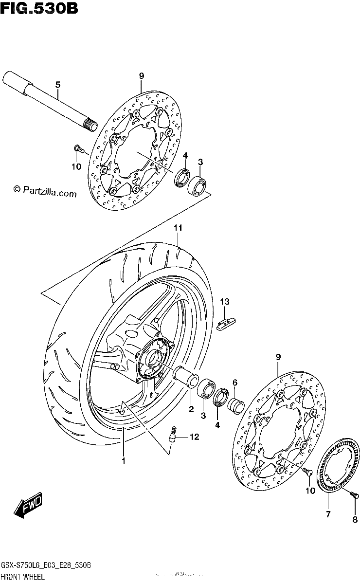 Diagrama de FRONT WHEEL GSX S750AL6 E28