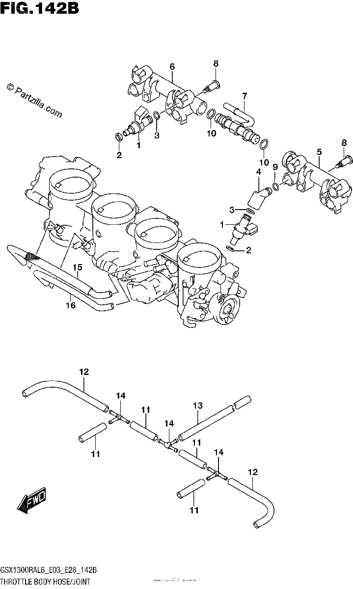 Diagrama de THROTTLE BODY HOSE JOINT GSX1300RAL6 E28
