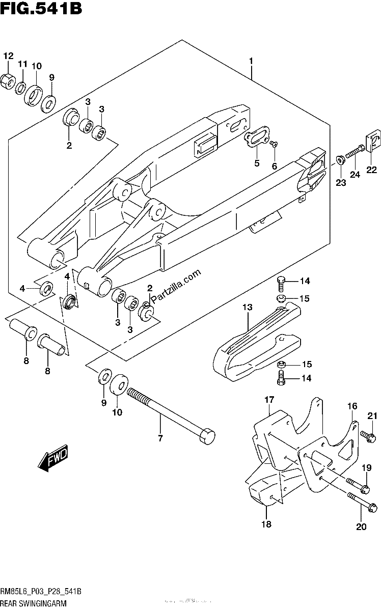 Diagrama de REAR SWINGINGARM RM85L6 P28