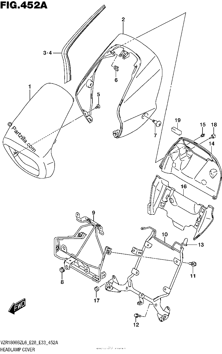 Diagrama de HEADLAMP COVER FOR BBD VZR1800BZL6 E28