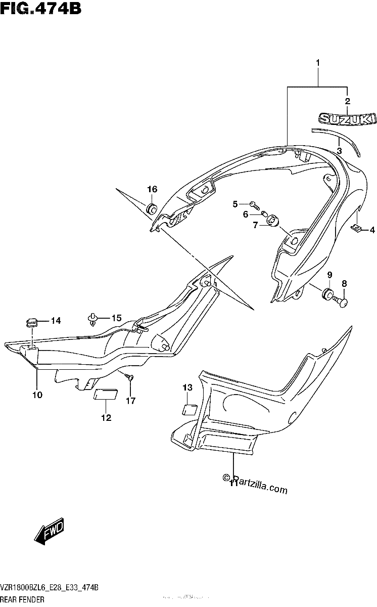 Diagrama de REAR FENDER FOR PGZ VZR1800BZL6 E28