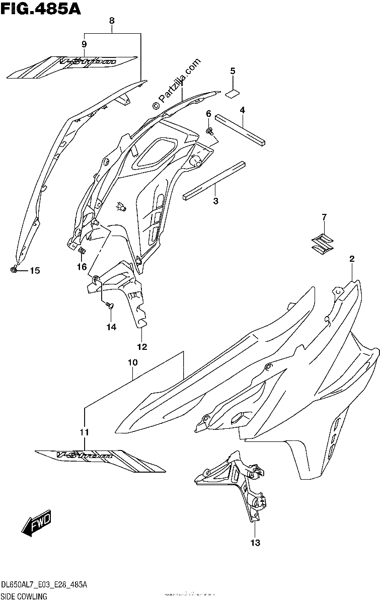 Diagrama de SIDE COWLING DL650AL7 E03 FOR YU1