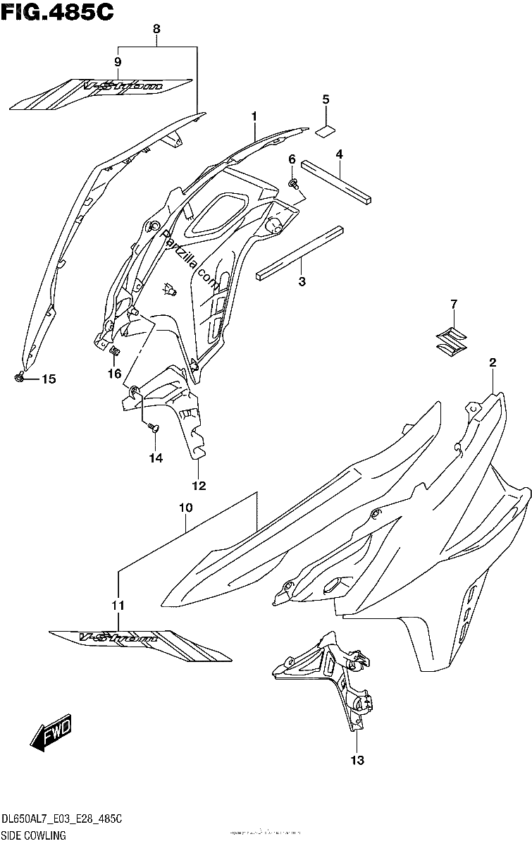 Diagrama de SIDE COWLING DL650AL7 E28 FOR YU1