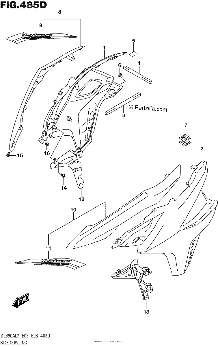 Diagrama de SIDE COWLING DL650AL7 E28 FOR YVB YWW