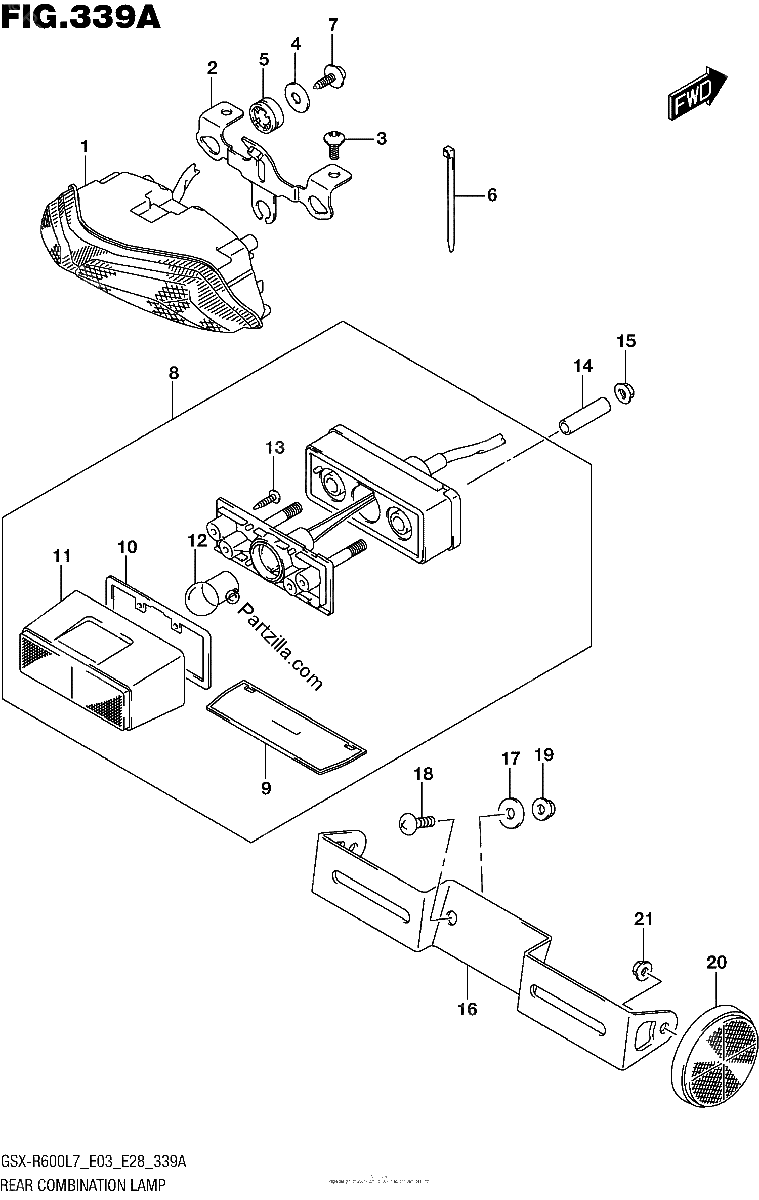Diagrama de REAR COMBINATION LAMP GSX R600L7 E03