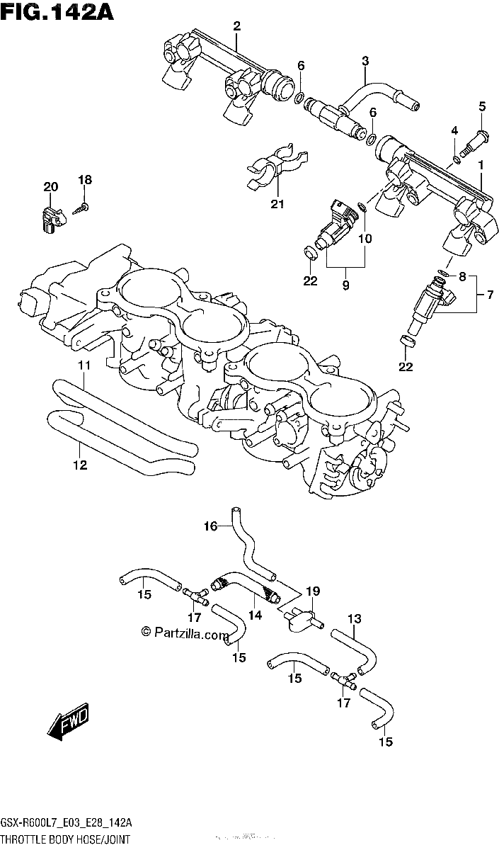Diagrama de THROTTLE BODY HOSE JOINT GSX R600L7 E03