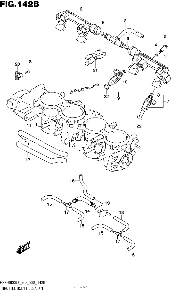 Diagrama de THROTTLE BODY HOSE JOINT GSX R600L7 E28