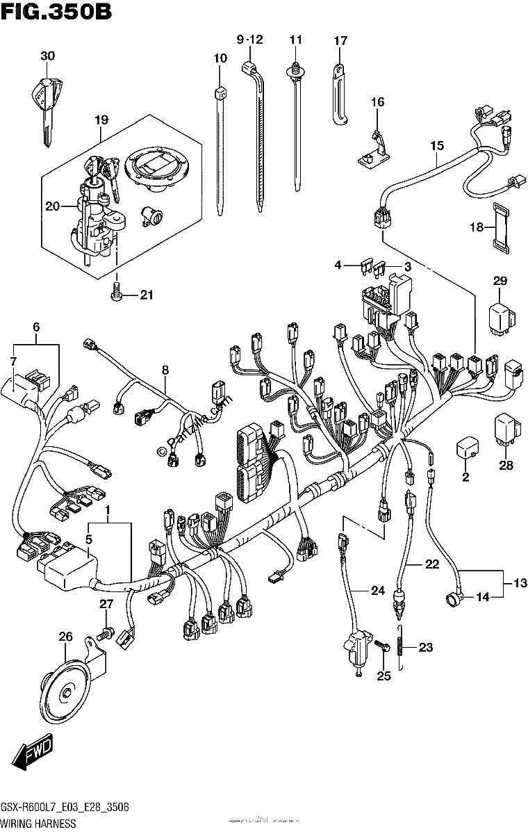Diagrama de WIRING HARNESS GSX R600L7 E28