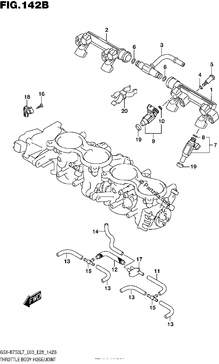 Diagrama de THROTTLE BODY HOSE JOINT GSX R750L7 E28