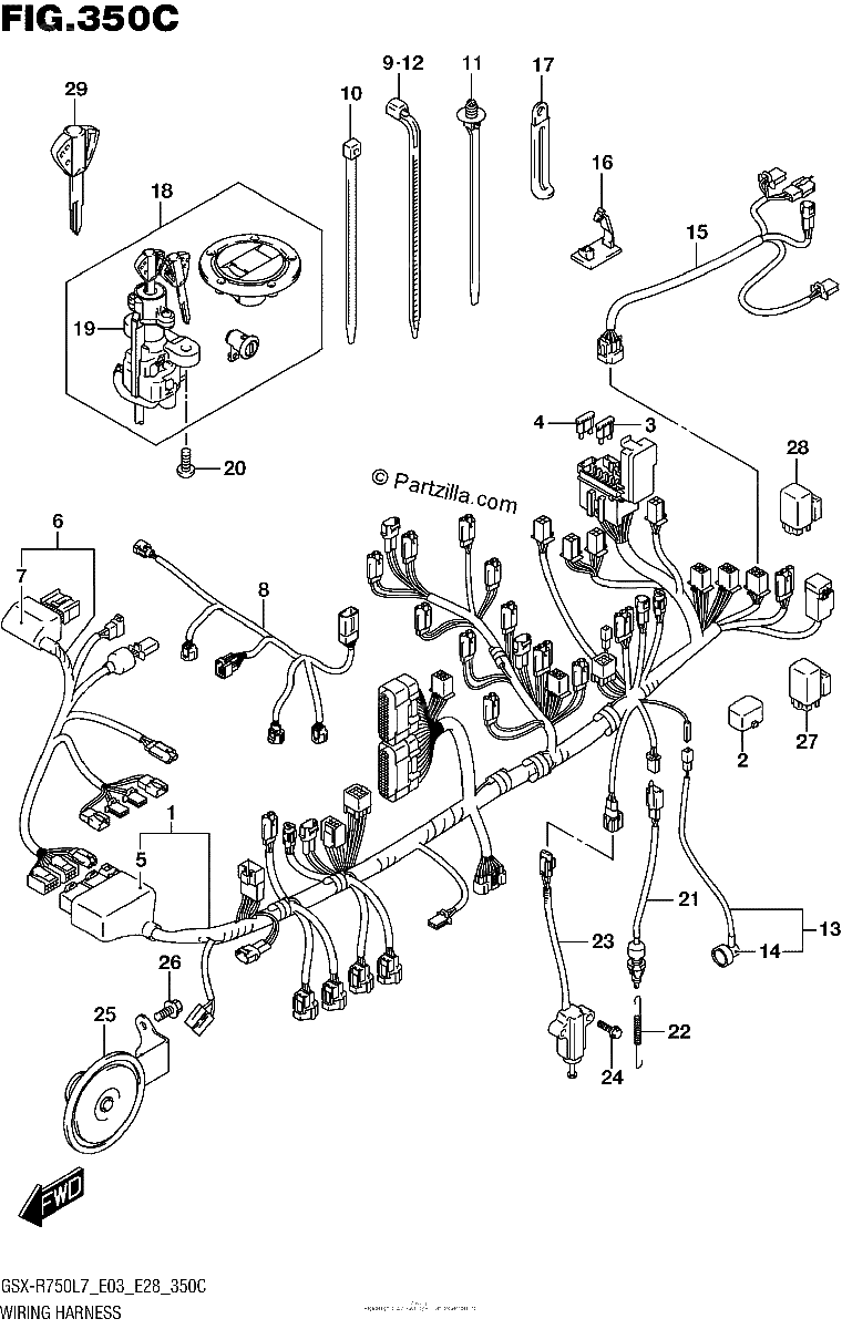 Diagrama de WIRING HARNESS GSX R750L7 E33