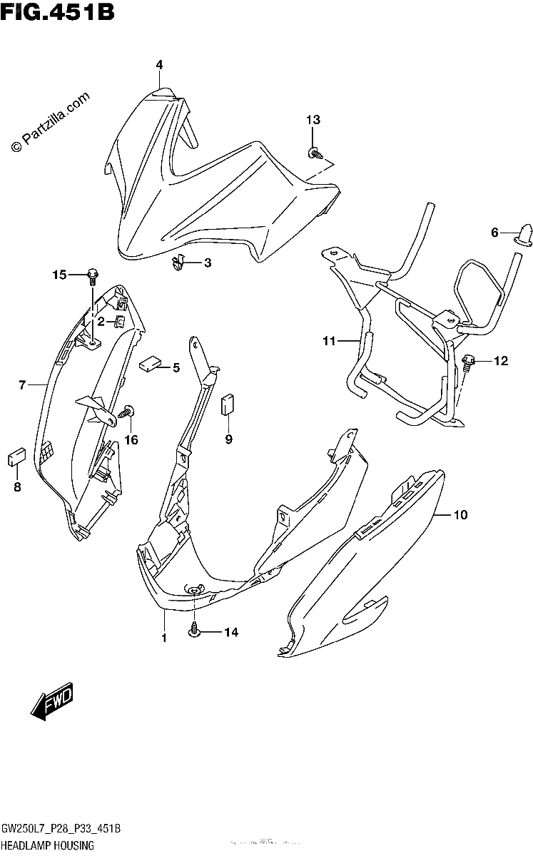 Diagrama de HEADLAMP HOUSING GW250ZL7 P28