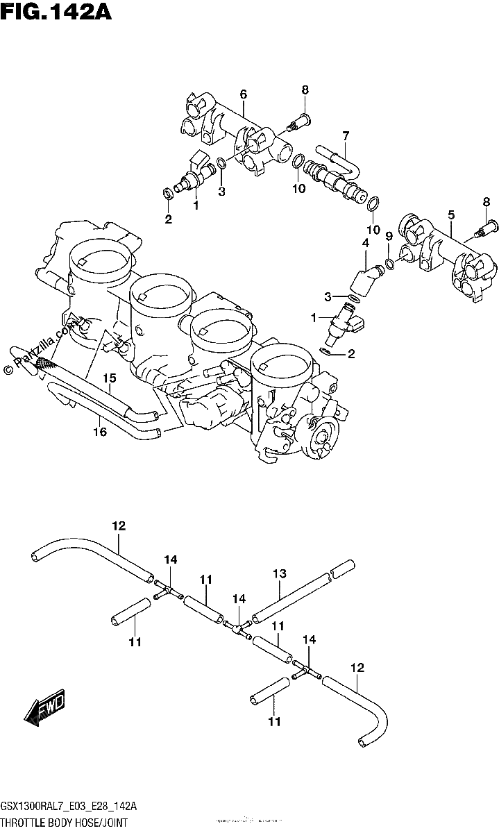 Diagrama de THROTTLE BODY HOSE JOINT GSX1300RAL7 E03