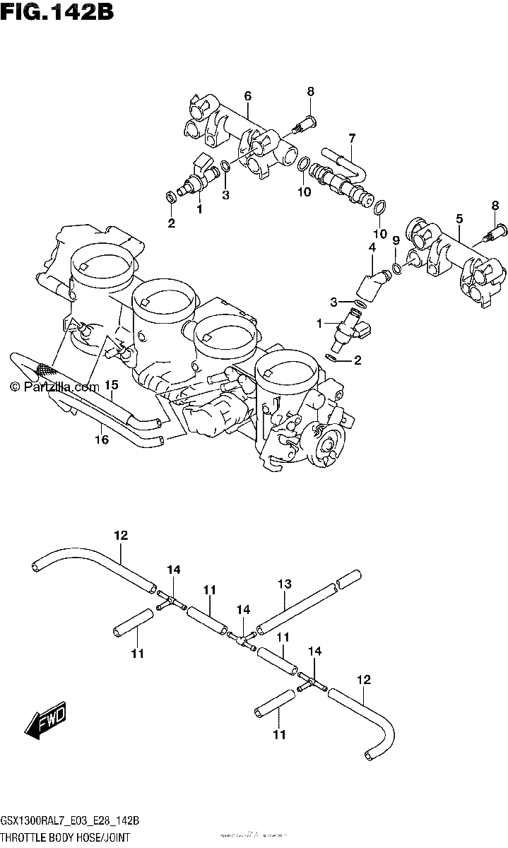 Diagrama de THROTTLE BODY HOSE JOINT GSX1300RAL7 E28