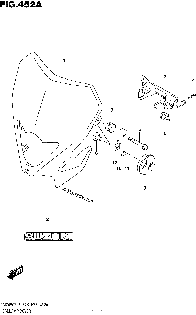 Diagrama de HEADLAMP COVER RMX450ZL7 E28