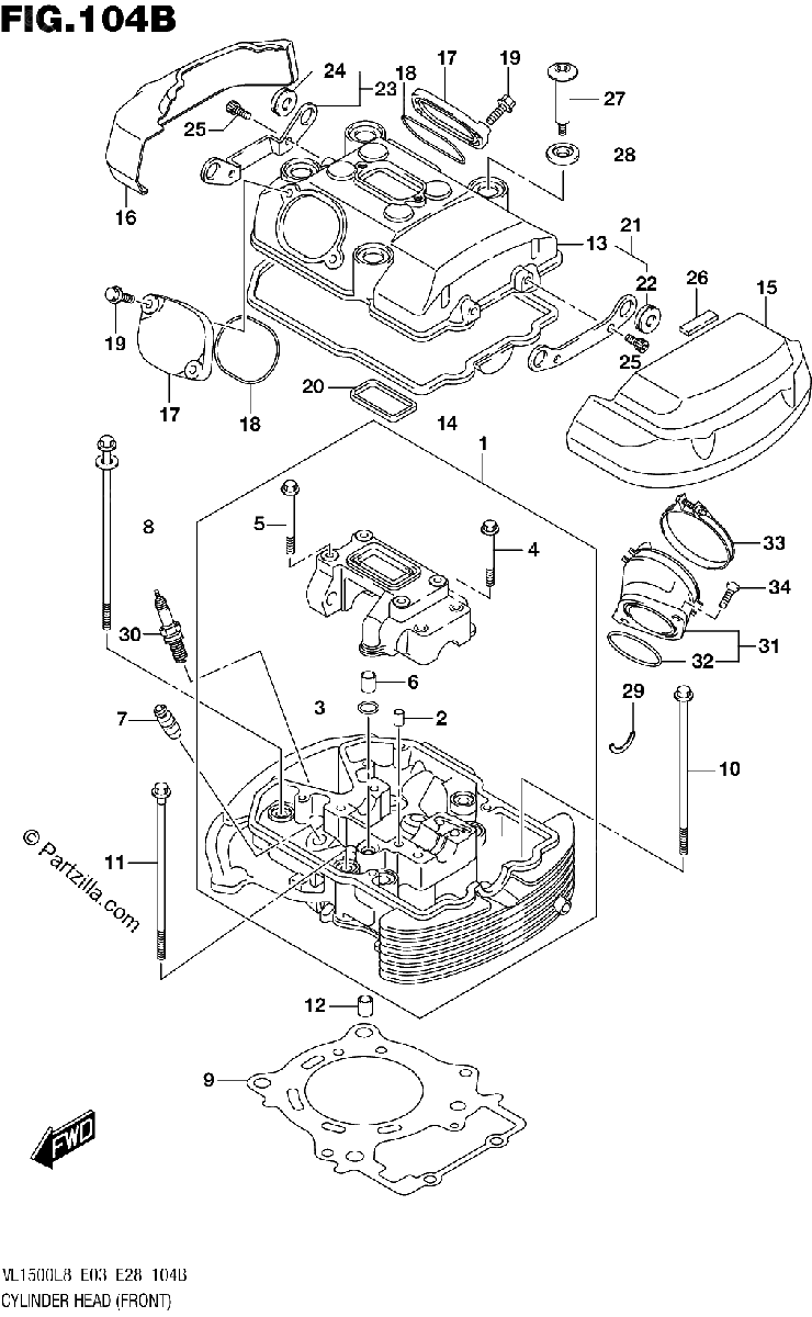 Diagrama de 104B CYLINDER HEAD FRONT VL1500BL8 E28
