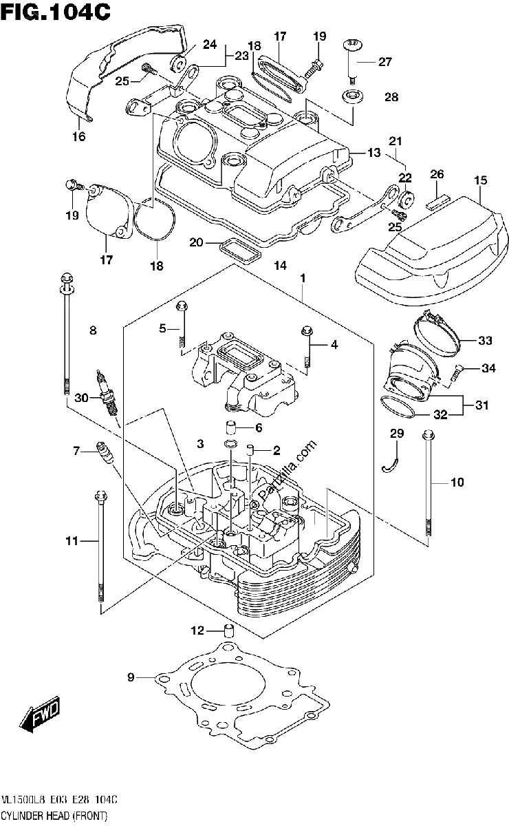 Diagrama de 104C CYLINDER HEAD FRONT VL1500BL8 E33