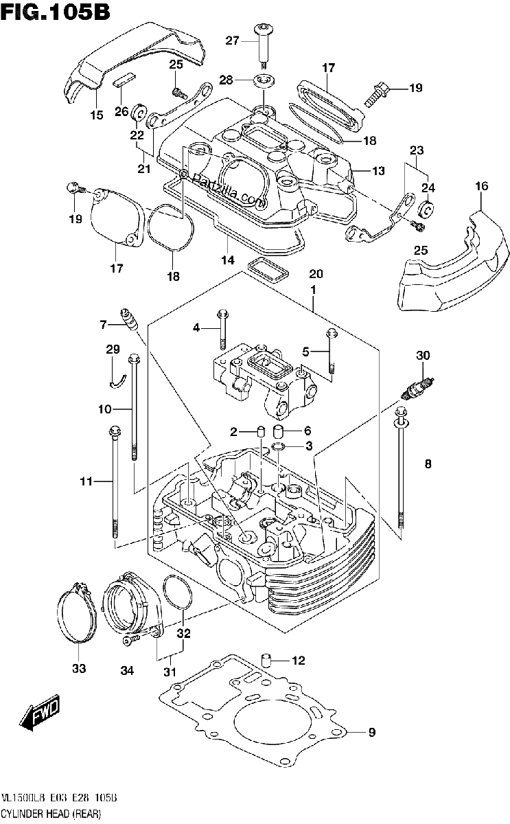 Diagrama de 105B CYLINDER HEAD REAR VL1500BL8 E28