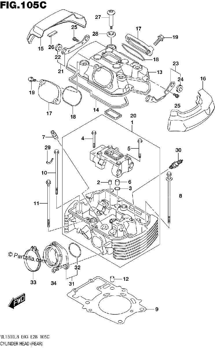 Diagrama de 105C CYLINDER HEAD REAR VL1500BL8 E33