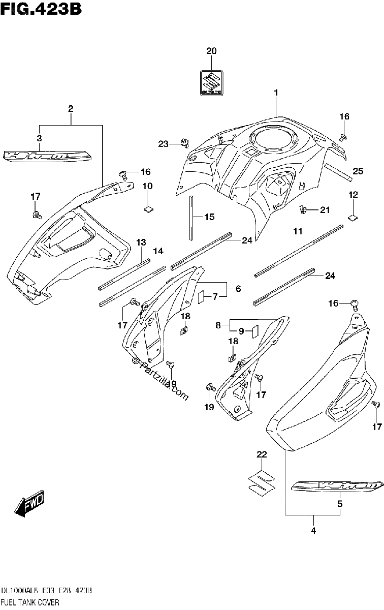 Diagrama de FUEL TANK COVER DL1000AL8 E03 FOR YVB YWW