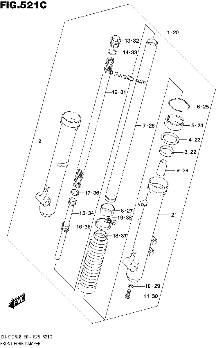 Diagrama de 521C FRONT FORK DAMPER DR Z125LL8 E28