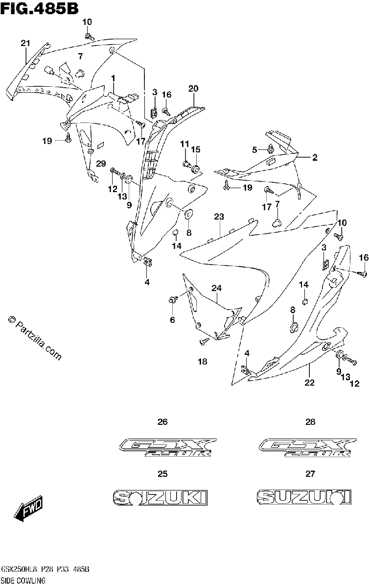 Diagrama de 485B SIDE COWLING GW250RL8 P28 FOR QHW