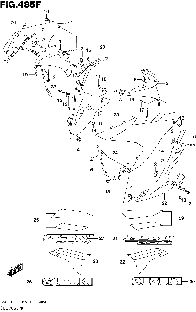 Diagrama de 485F SIDE COWLING GSX250RL8 P33 FOR BEE