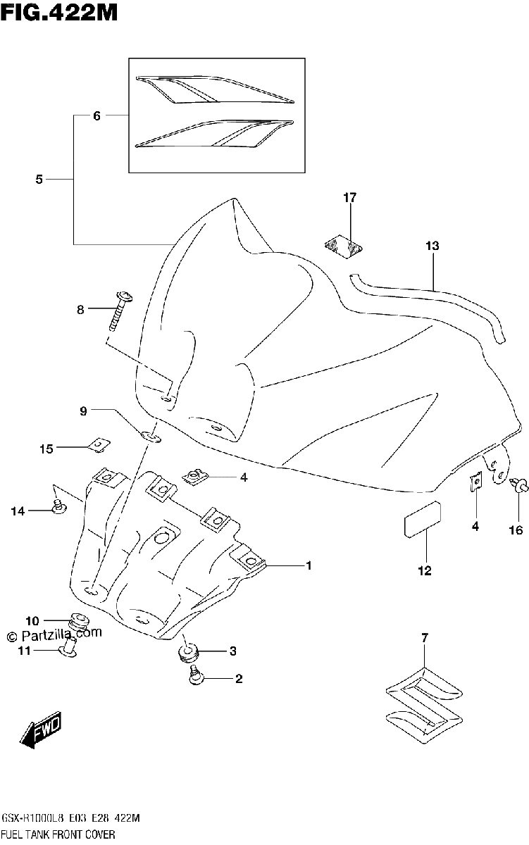 Diagrama de 422M FUEL TANK FRONT COVER GSX R1000AL8 E28 FOR YSF