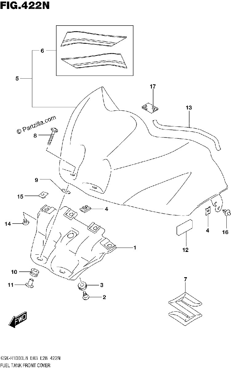 Diagrama de 422N FUEL TANK FRONT COVER GSX R1000AL8 E33 FOR YWW