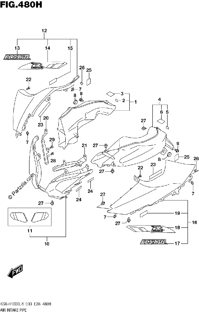 Diagrama de 480H AIR INTAKE PIPE GSX R1000AL8 E28 FOR YSF