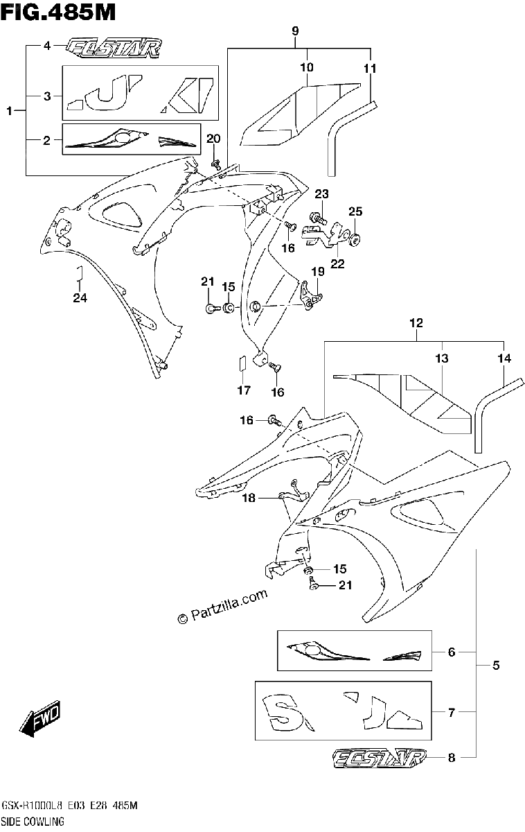 Diagrama de 485M SIDE COWLING GSX R1000AL8 E28 FOR YSF