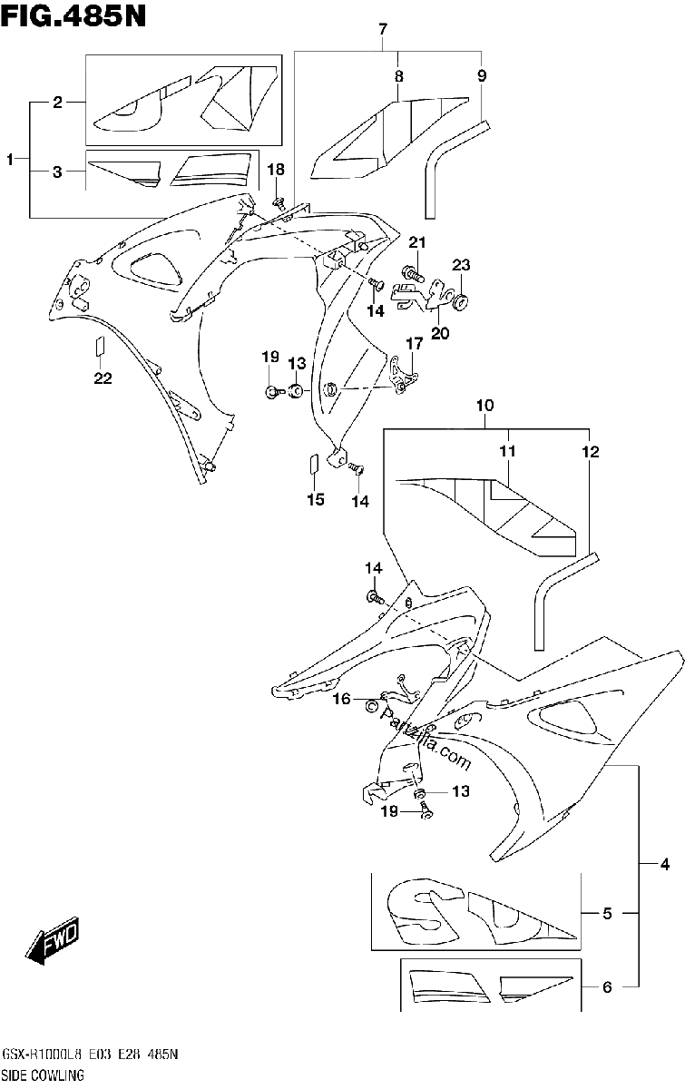 Diagrama de 485N SIDE COWLING GSX R1000AL8 E33 FOR YWW