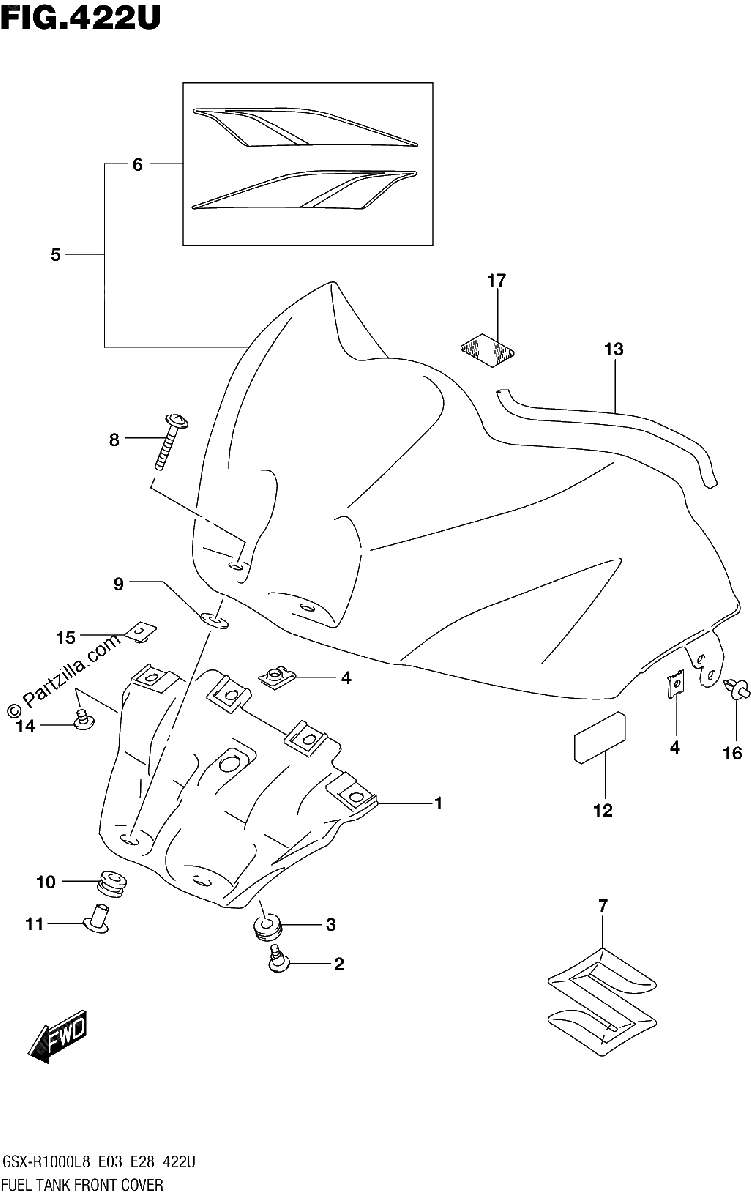 Diagrama de 422U FUEL TANK FRONT COVER GSX R1000RAL8 E03
