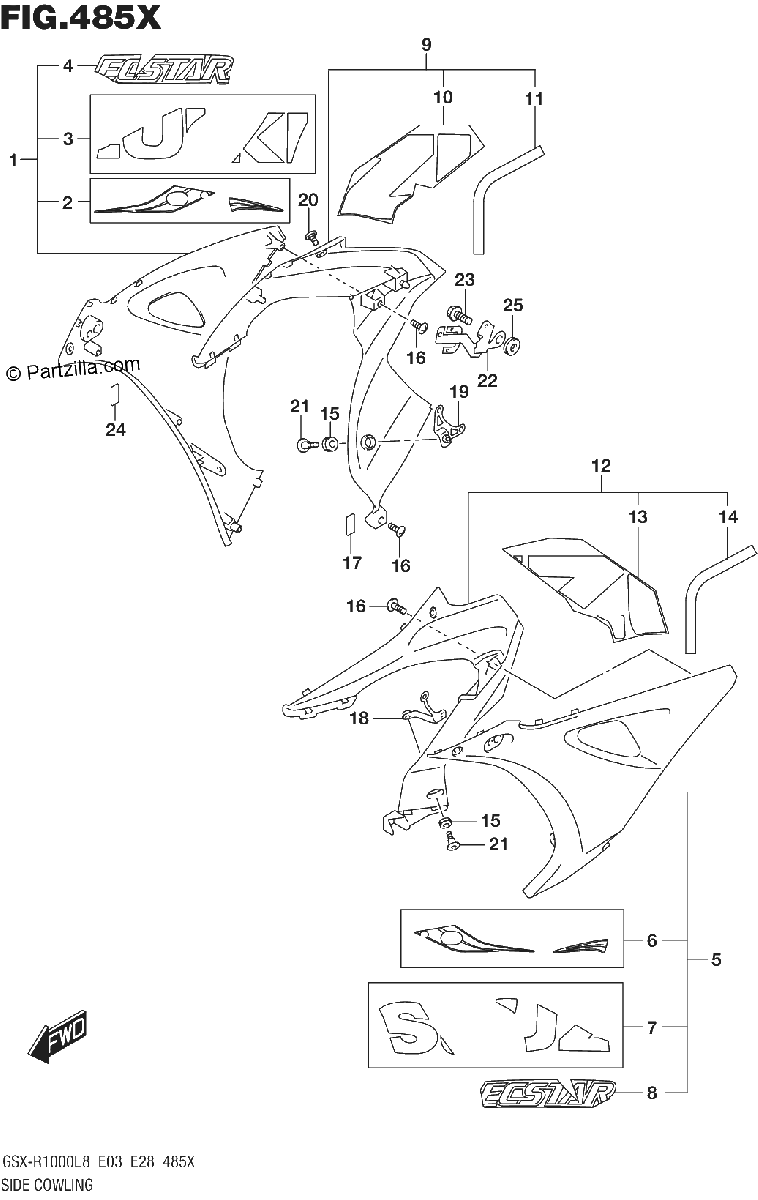 Diagrama de 485X SIDE COWLING GSX R1000RAL8 E33