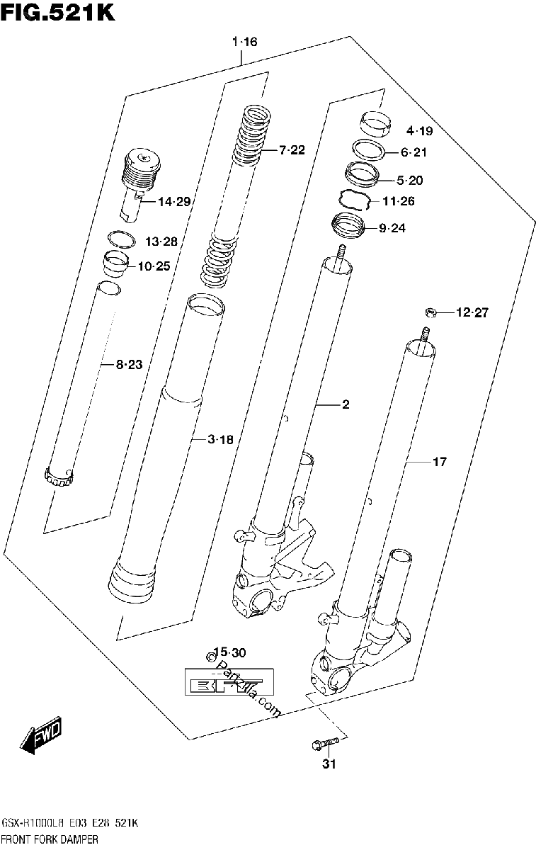 Diagrama de 521K FRONT FORK DAMPER GSX R1000RAL8 E28