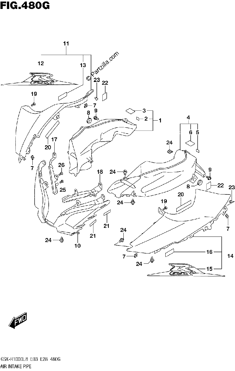 Diagrama de AIR INTAKE PIPE GSX R1000AL8 E28 FOR YKV YWW