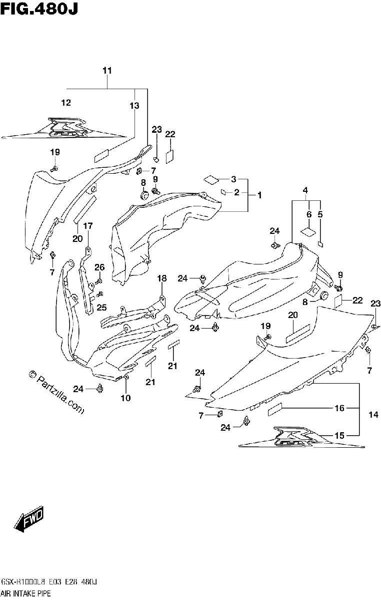 Diagrama de AIR INTAKE PIPE GSX R1000AL8 E33 FOR YKV YWW