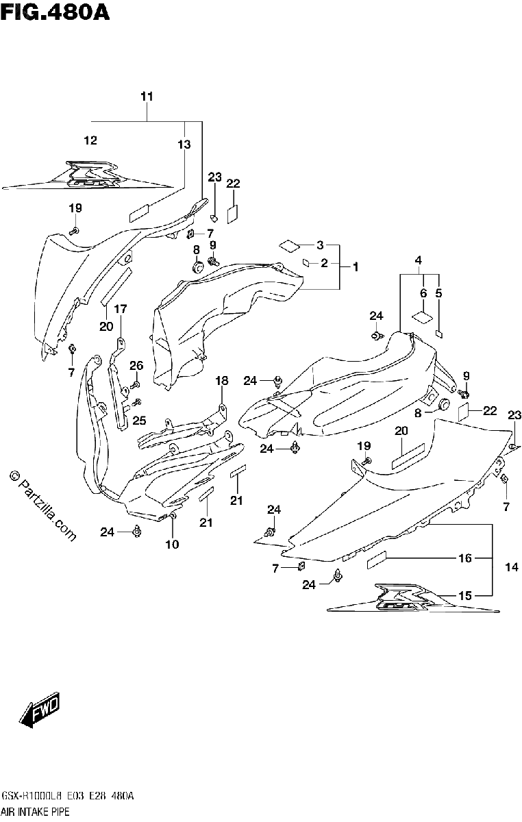 Diagrama de AIR INTAKE PIPE GSX R1000L8 E03 FOR YKV YWW