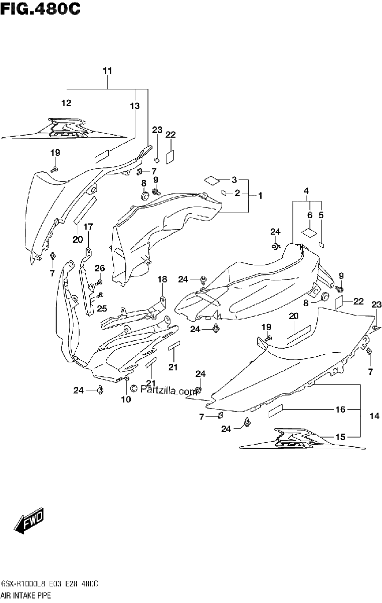 Diagrama de AIR INTAKE PIPE GSX R1000L8 E33 FOR YKV YWW