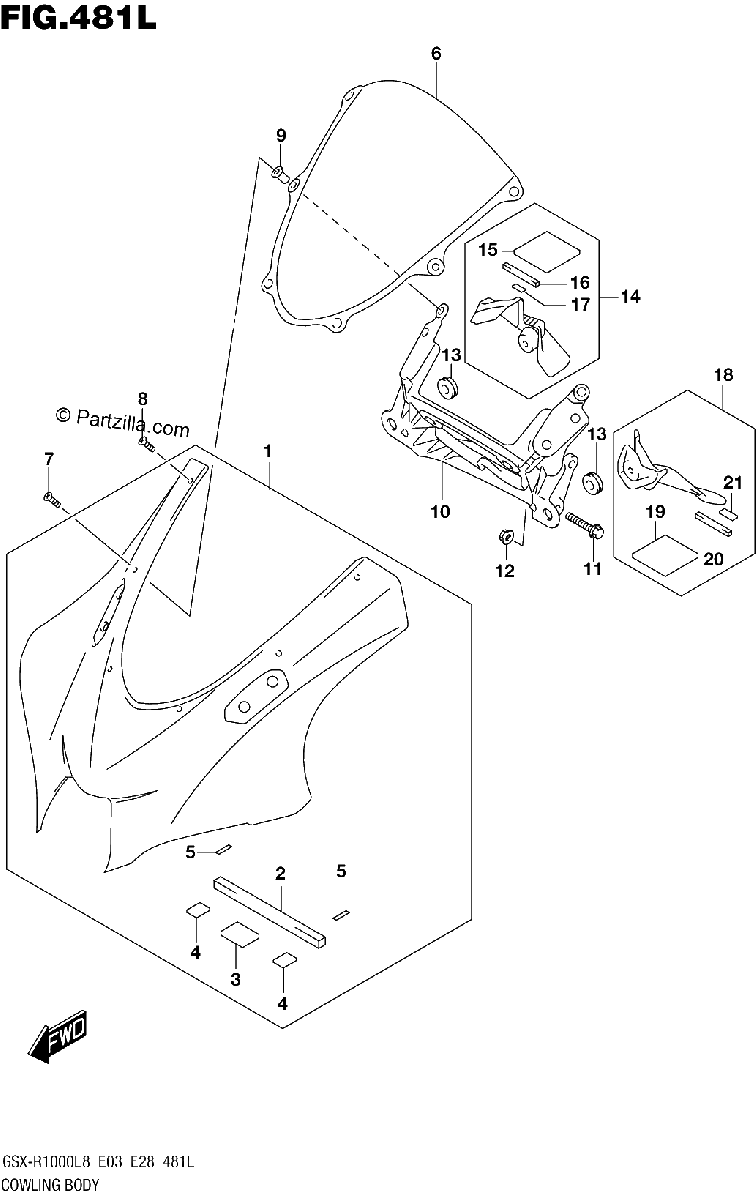 Diagrama de COWLING BODY GSX R1000AL8 E28 FOR YKV