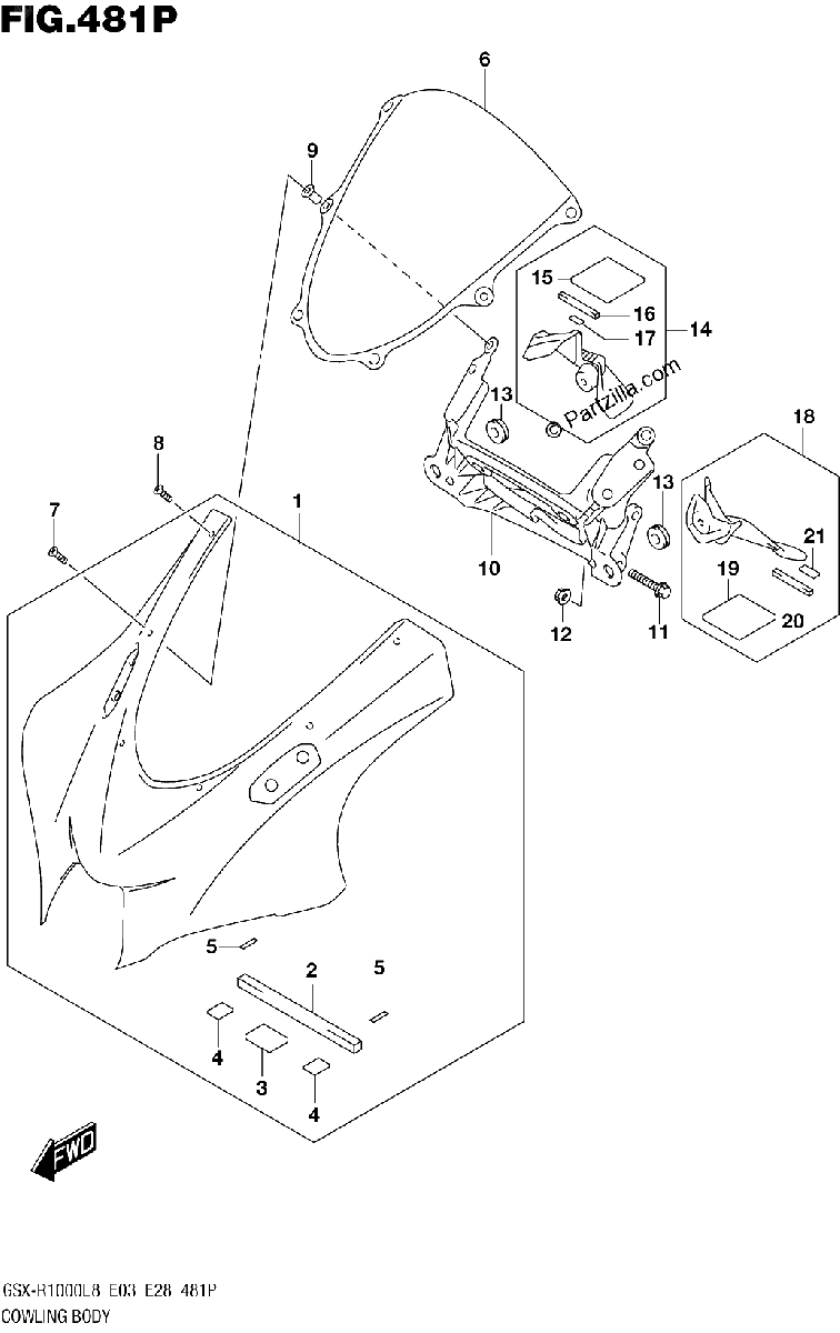 Diagrama de COWLING BODY GSX R1000AL8 E33 FOR YKV