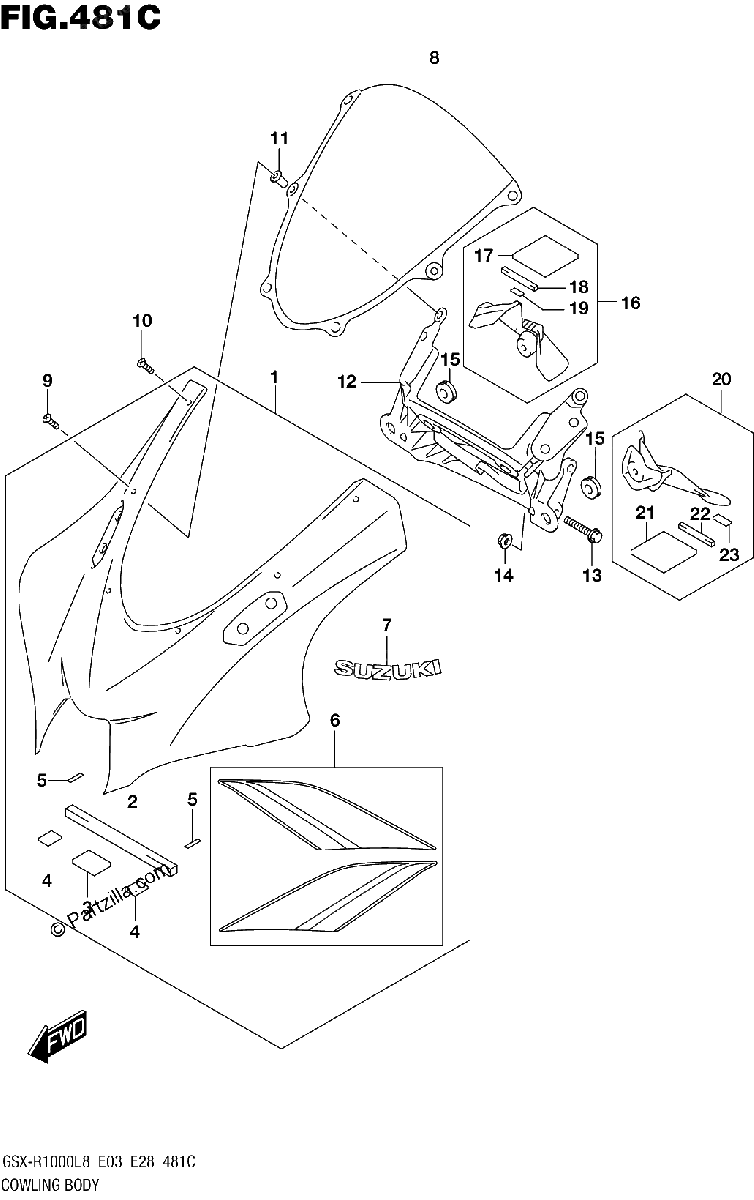 Diagrama de COWLING BODY GSX R1000L8 E03 FOR YSF