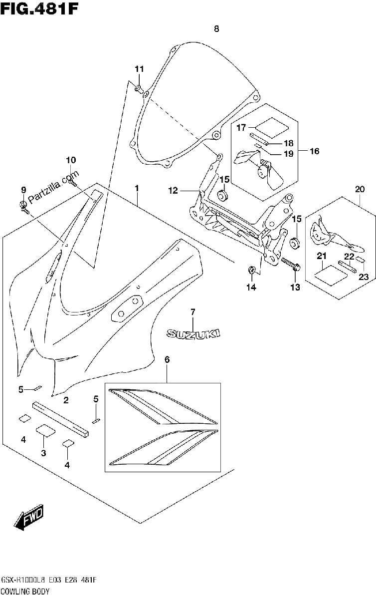 Diagrama de COWLING BODY GSX R1000L8 E33 FOR YSF