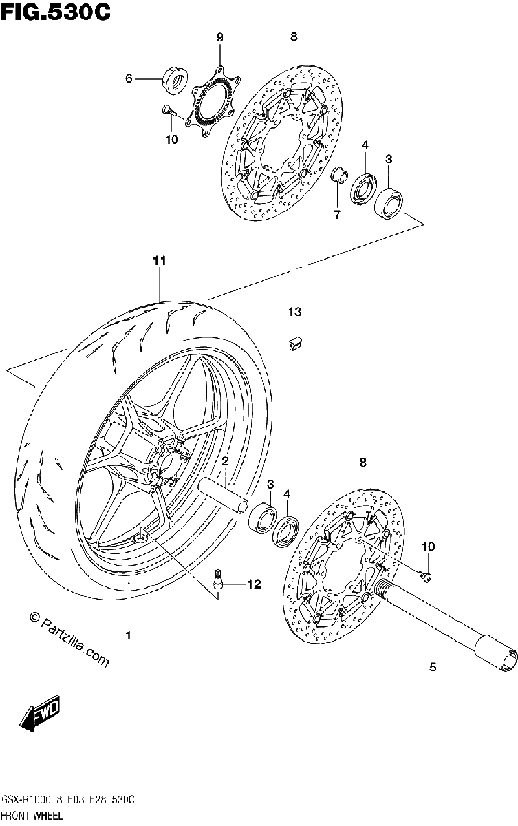 Diagrama de FRONT WHEEL GSX R1000AL8 E03 FOR YWW