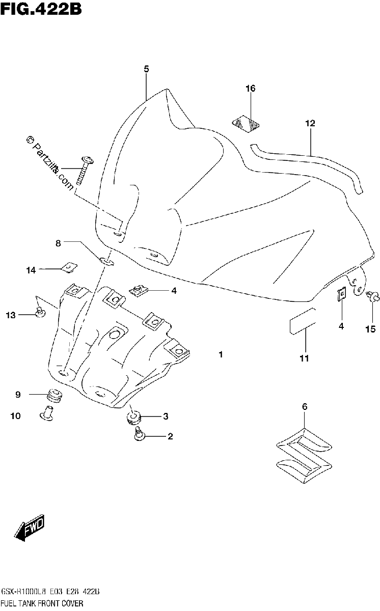 Diagrama de FUEL TANK FRONT COVER GSX R1000L8 E03 FOR YKV