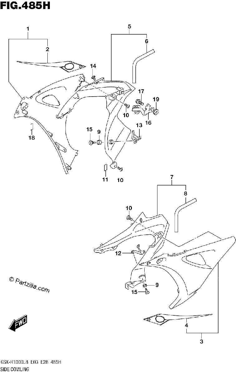 Diagrama de SIDE COWLING GSX R1000AL8 E03 FOR YKV