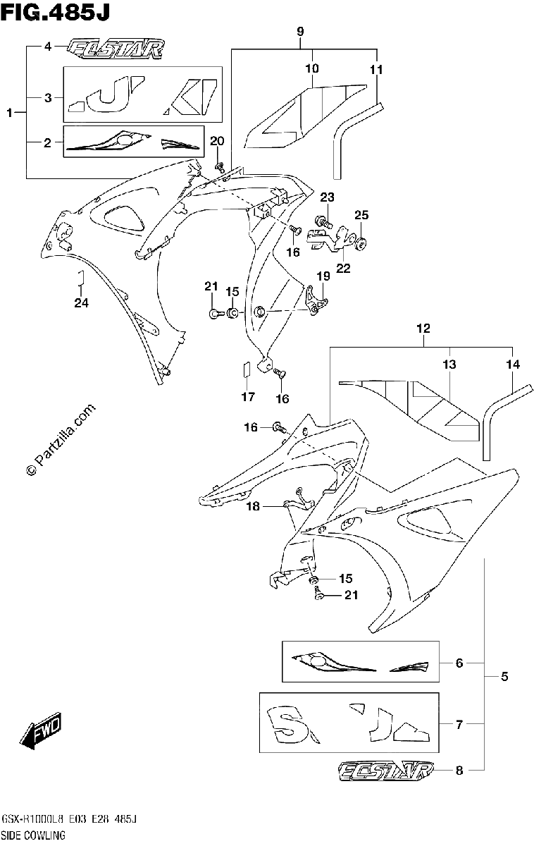 Diagrama de SIDE COWLING GSX R1000AL8 E03 FOR YSF