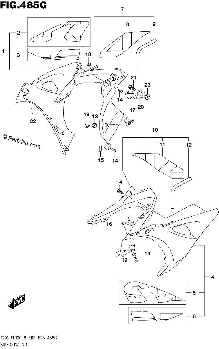 Diagrama de SIDE COWLING GSX R1000AL8 E03 FOR YWW